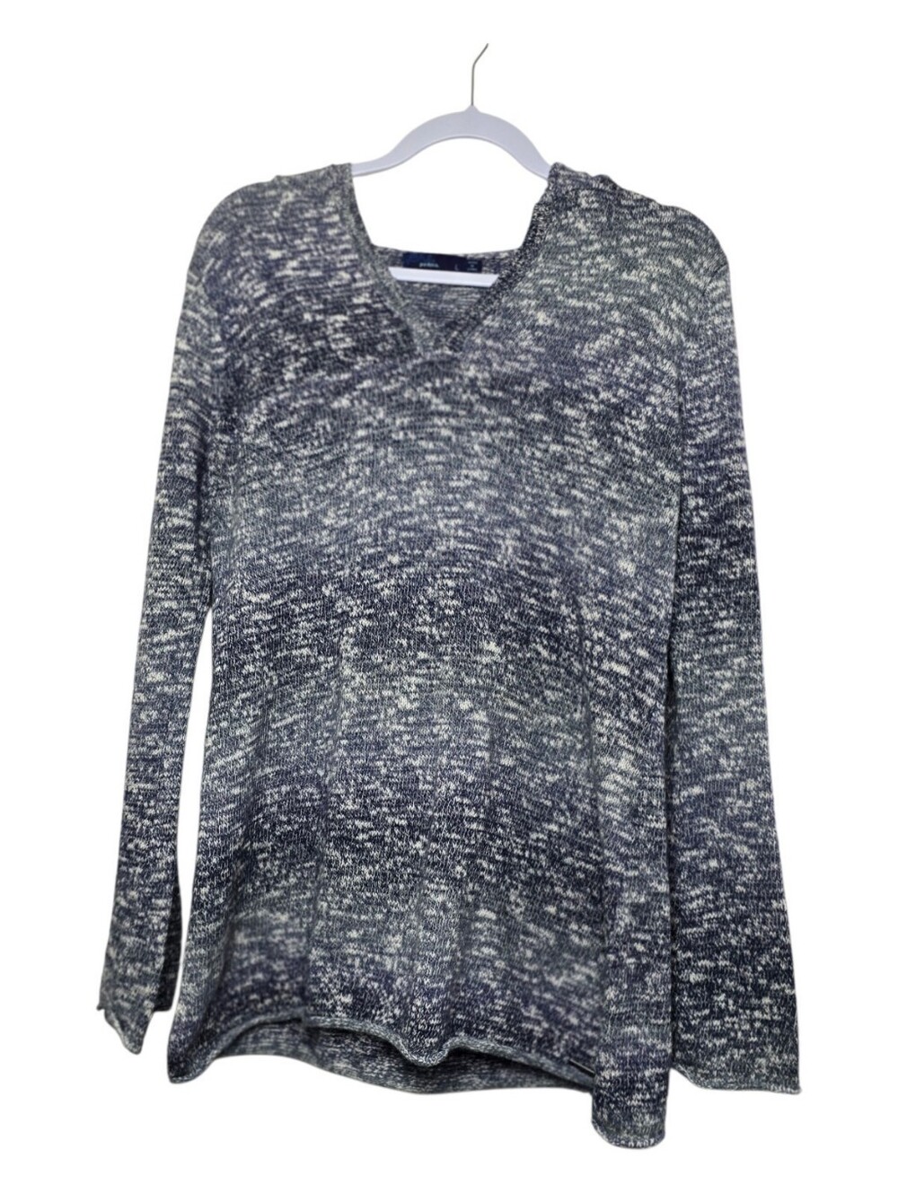 prAna Women’s Blue & White Marled Knit Hooded Sweater Sz L Coastal Cabincore